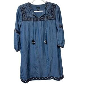 J. Jill Denim Tencel Indigo Embroidered Chambray 3/4 Sleeve Dress Size XS